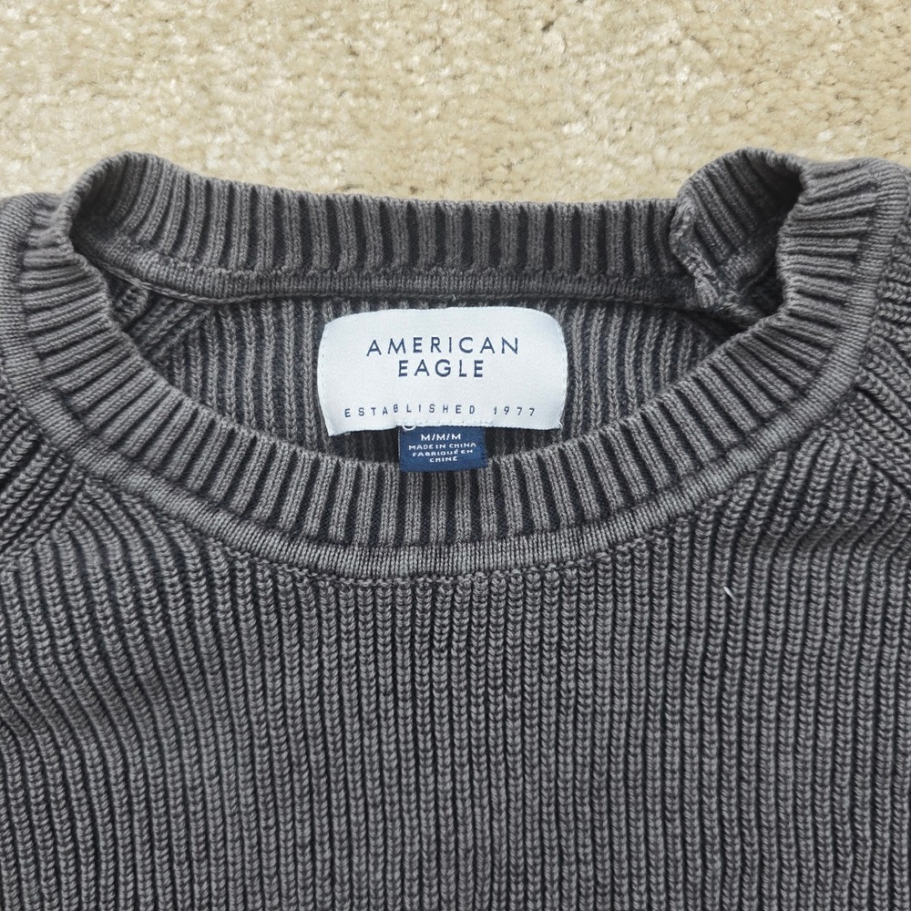 American Eagle Womens Gray Ribbed Knit Raglan Crewneck Cotton Sweater Size M